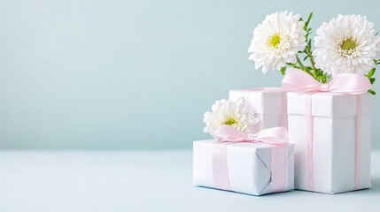 Pastel gifts with white flowers.