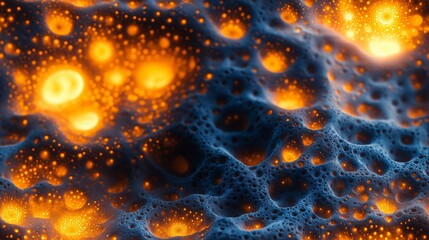 Cosmic abstract glowing orange and blue pattern with intricate details resembling a microscopic or celestial landscape with bright highlights