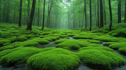 Lush green moss-covered landscape with serene water flow.