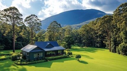 Modern green house with glass windows and manicured garden surrounded by tall pine trees on sunny day near mountain ideal for real estate, vacation, nature, outdoor living, peaceful retreat scenery
