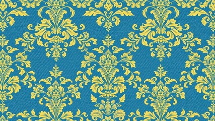 Elegant and intricate damask seamless pattern with floral motifs in shades of gold and blue, luxury, blue
