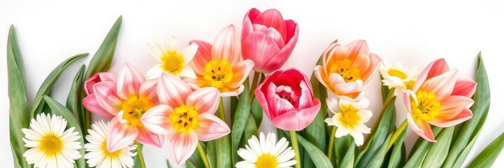 Naklejka premium Colorful spring flowers including tulips, daisies, and daffodils arranged beautifully on a white paper background, flowers, fresh, tulips