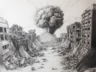 Dramatic illustration of a post-apocalyptic cityscape with crumbling buildings and a massive cloud resembling a nuclear explosion in the background