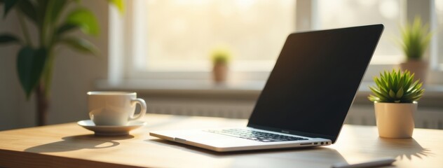 Fototapeta premium Minimalist Workspace with Laptop and Coffee Cup. Perfect for showcasing modern work-from-home setups, creative spaces, promoting productivity, simplicity in branding or marketing materials.