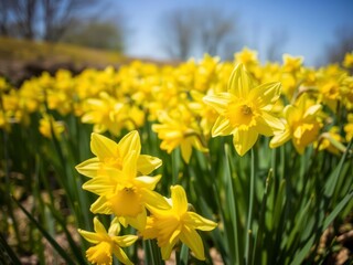 Fototapeta premium Field of vibrant yellow daffodil flowers blooming under the bright sun, sunny, fresh, yellow