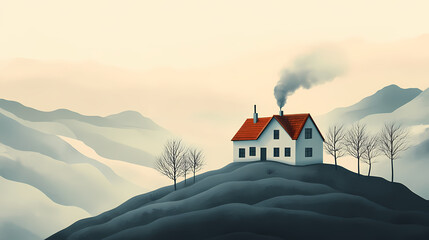 Illustration of house with heating fume on hilly terrain. Craggy. Illustration
