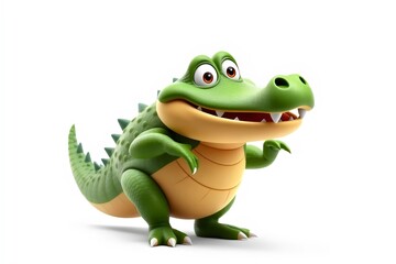 Fototapeta premium Funny Chubby Green Cartoon Crocodile Character on White Background
