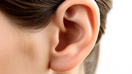 Obraz premium Close-up of a human ear, showcasing smooth skin and intricate details; a symbol of hearing and communication.