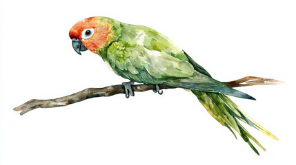 Obraz premium Watercolor parrot perched on branch, showcasing vibrant colors and detail