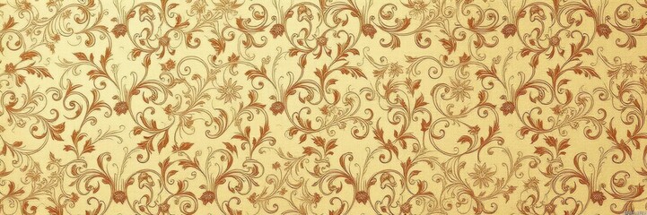 Intricate gold and silver baroque wallpaper with elaborate scrolls and floral motifs, vintage, elegant
