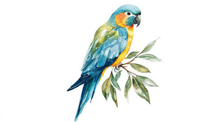 Fototapeta premium Watercolor parrot perched on branch with vibrant colors and leaves