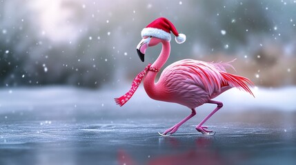 A cheerful pink flamingo wearing a Santa hat and scarf, playfully walking on an icy surface amidst falling snow.