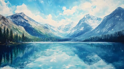 Fototapeta premium Serene Mountain Lake Landscape Reflecting Clouds and Sky