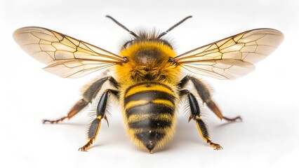 Close-up macro shot of a yellow and black bee with translucent wings, isolated on a white background