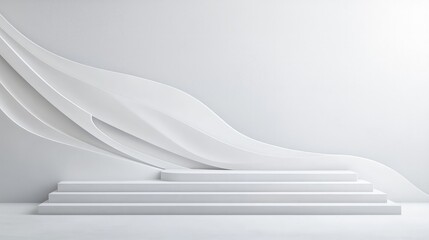 Obraz premium White minimalist product display steps and wave wall.