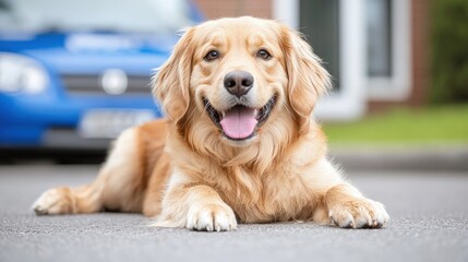 Happy golden retriever lying on driveway.