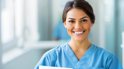 A female nurse thoughtfully explains the dental report to a patient, with the dentist attentively observing in the background.