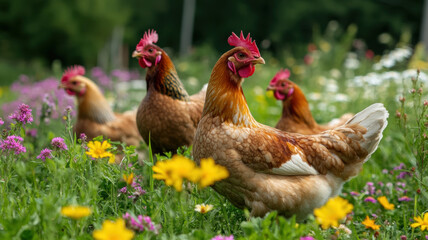 Fototapeta premium Healthy chickens roaming a farm pasture filled with wildflowers and grass, emphasizing wellness, organic farming, and ethical animal care. 