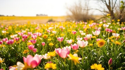 Obraz premium Vibrant daffodil flowers blooming in a sunlit field, petals, growth, sunny