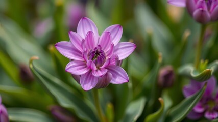 Fototapeta premium Vibrant purple flower petals and delicate leaves on a green background, bright, fresh