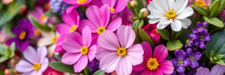 Vibrant purple flower petals and leaves in a beautiful floral arrangement, macro, fresh