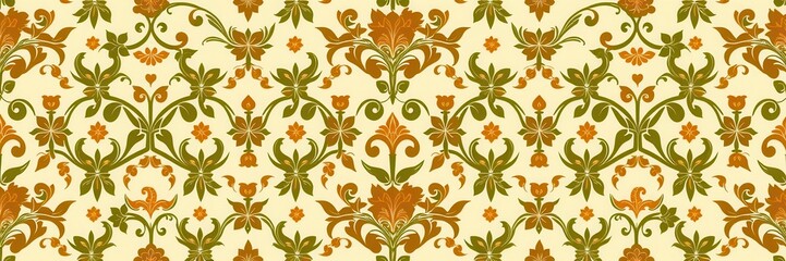 Fototapeta premium Swirly floral retro wallpaper pattern with orange, green, and brown flowers on a cream background, wallpaper, pattern, cream