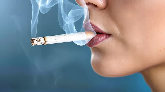 Intimate portrait of a young woman smoking cigarette, showing the harsh reality of nicotine addiction.