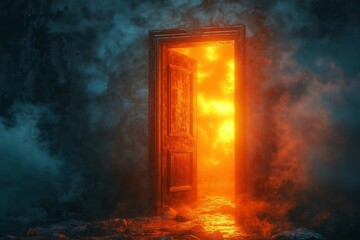 Mysterious open doorway with bright orange flames behind, casting eerie glow in dark, smoky, abandoned room filled with mystery
