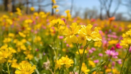 Obraz premium Vibrant yellow daffodil flowers blooming in a lush green field under the warm sun, plant, field
