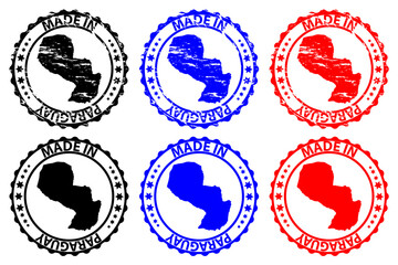 Made in Paraguay - rubber stamp - vector, Paraguay map pattern - black, blue and red