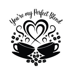 Two coffee cups with steam forming a heart shape symbolizing a perfect blend of love.