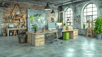 Industrial style office with wooden desks, computers, and plants.