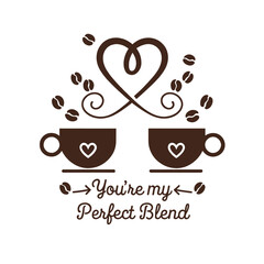 Two coffee cups with steam forming a heart shape symbolizing a perfect blend of love.