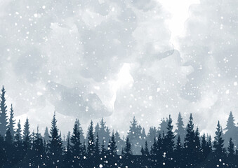 Watercolour Forest Winter Landscape Scenery
