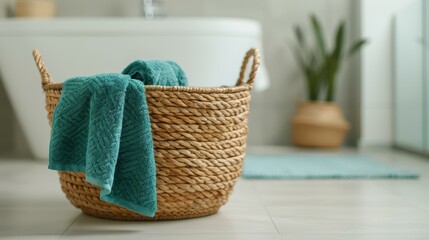 Fototapeta premium A basket full of fresh laundry sits in a bright bathroom, accentuating cleanliness and organization in your space.