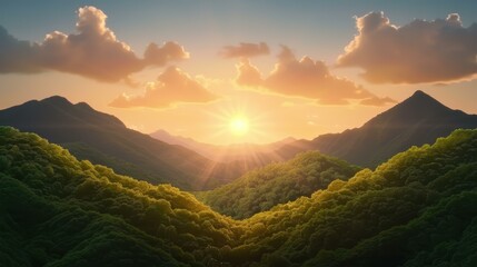 Obraz premium A stunning sunrise casts golden rays over the valley, embraced by majestic peaks that touch the sky.