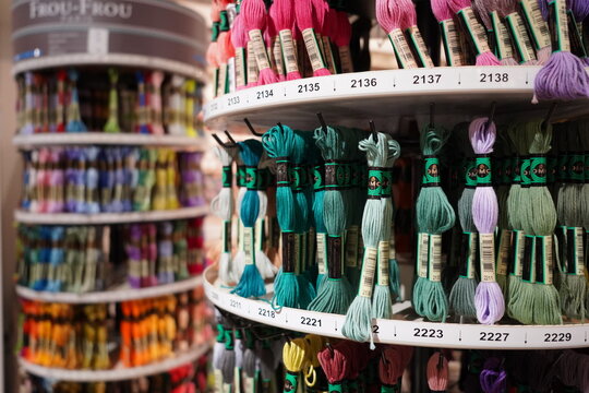 paris france ,10 10 2024 : sewing and knitting supplies , materials and accessories on display at BHV store