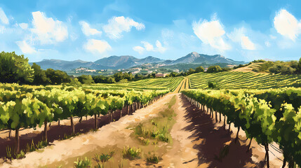 Obraz premium Ajaccio vineyards with rows of grapevines stretching across a hilly landscape under a sunny sky. Craggy. Illustration