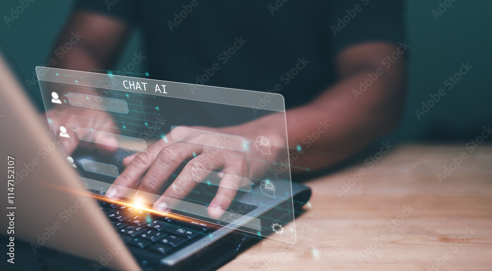 Poster Chat with AI or Artificial Intelligence technology, Businessman using laptop computer chatting online with intelligent artificial or chatbot. Futuristic technology, Online automation chatbot.