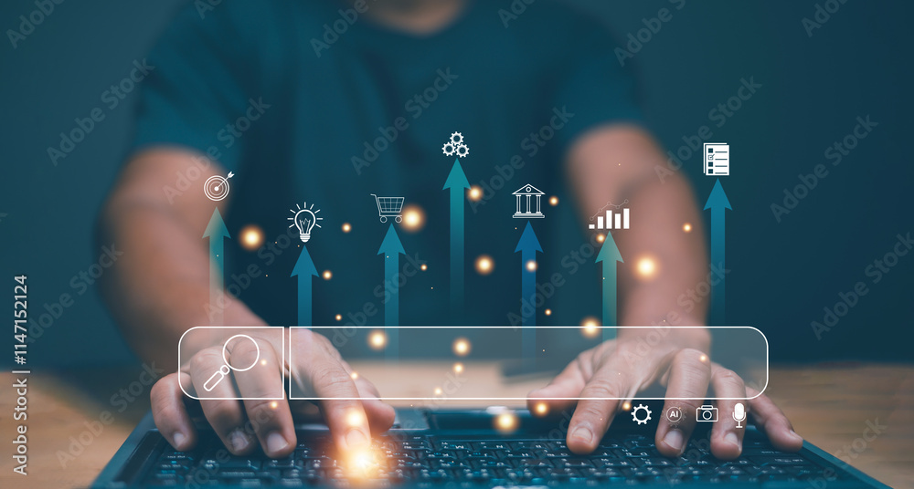 Poster Search Engine Optimization, SEO. Data Search Technology, Businessman using laptop computer to find for information on internet network. Finding anything by data, picture, voice and AI tech.