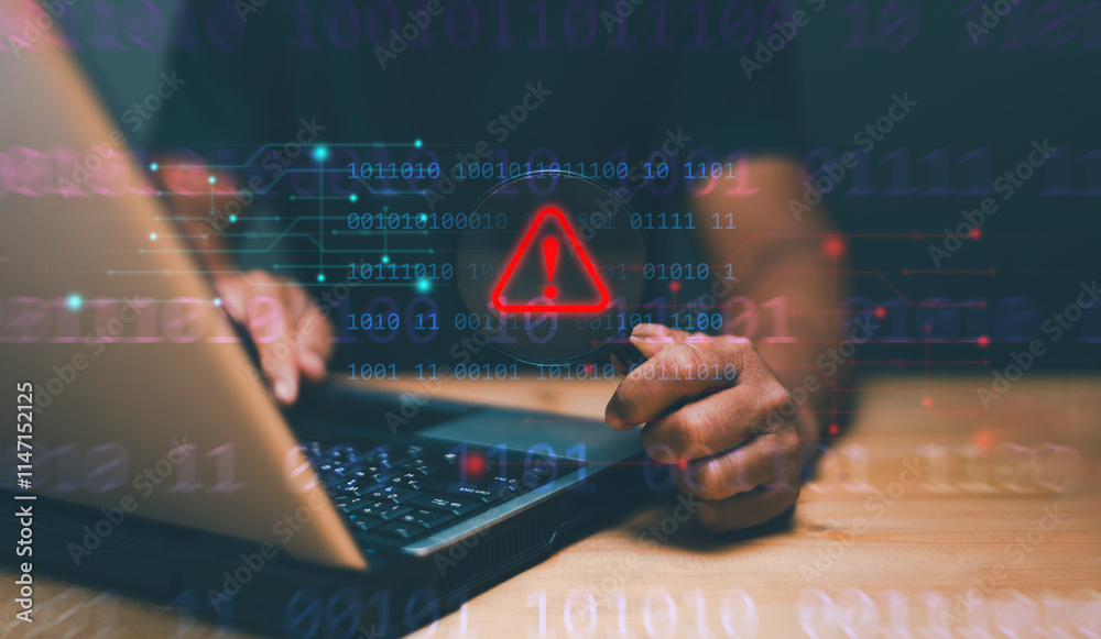 Poster Cyber security concept, Man holding magnifying glass with caution warning sign for notification error maintenance and virus detected, Ransomware, Spyware, Hacker attacks. Detection dangerous worms.
