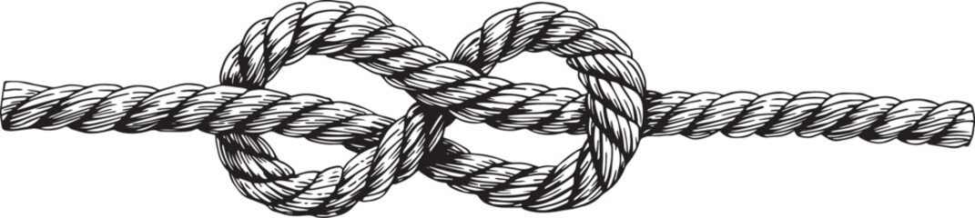 Knotted ropes eight knots realistic cords knot in vector. Nautical thread whipcord with loops and noose. Twisted, braided, folded, spiral fiber. Illustration hand drawn black graphic background © Nataliia