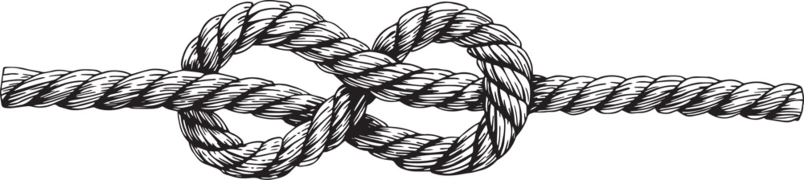 Knotted ropes eight knots realistic cords knot in vector. Nautical thread whipcord with loops and noose. Twisted, braided, folded, spiral fiber. Illustration hand drawn black graphic background