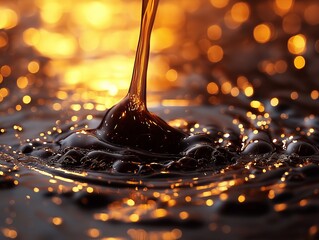 Viscous liquid with golden bokeh background, creating a luxurious and abstract texture with rich...