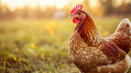 High-resolution close-up of a plump, healthy hen with glossy feathers standing proudly in a natural farm environment with soft-focus grass in the background. 