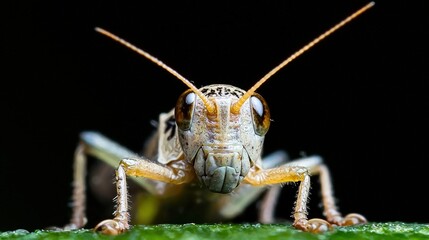 Fototapeta premium Close-up of a grasshopper facing the camera on a leaf.