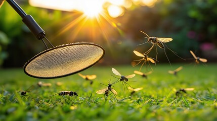 Swarm of mosquitoes flying near grass with insect zapper during sunset in a lush green garden highlighting summer pests