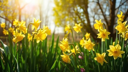 Fototapeta premium Gorgeous daffodil flowers blooming in a vast field, sunlight, outdoor, fresh