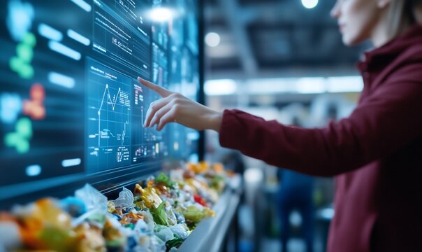 User interacts with a digital display in a waste management facility.