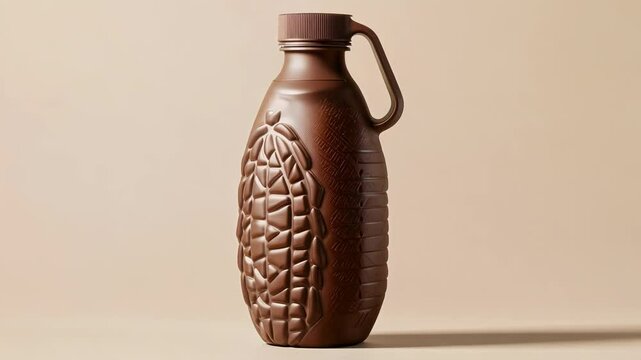 Brown plastic bottle with handle on beige background, embossed with cocoa pod pattern. Versatile for liquid products, with plenty of copy space